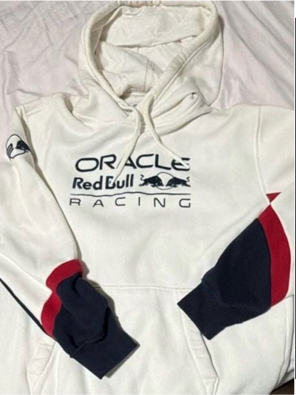 Hollister White Hoodie with Navy and Red Sleeve Panels